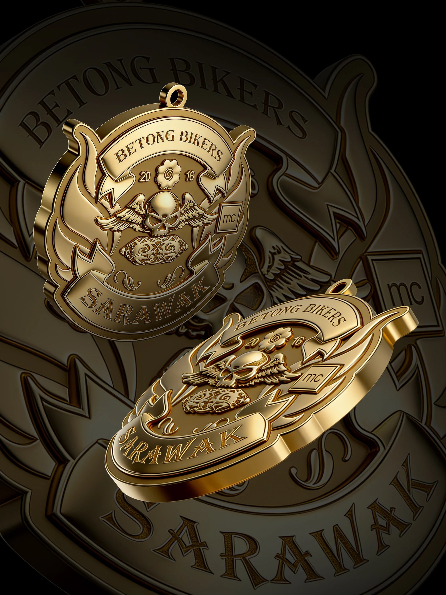 Custom winged skull motorcycle club pendant craftsmanship reference, paired display