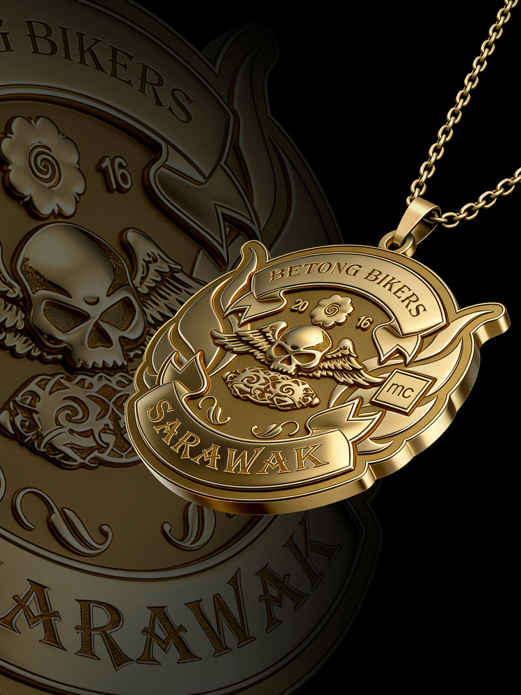 Custom winged skull motorcycle club pendant craftsmanship reference, raised relief detail