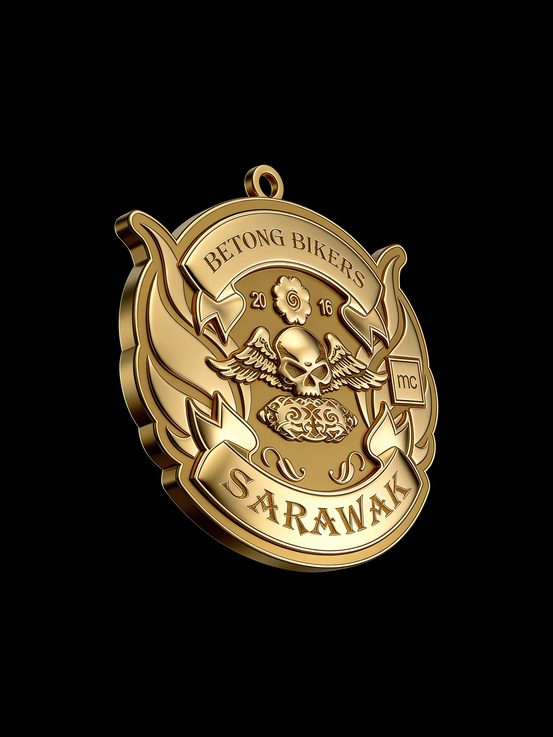Custom winged skull motorcycle club pendant craftsmanship reference, right angle