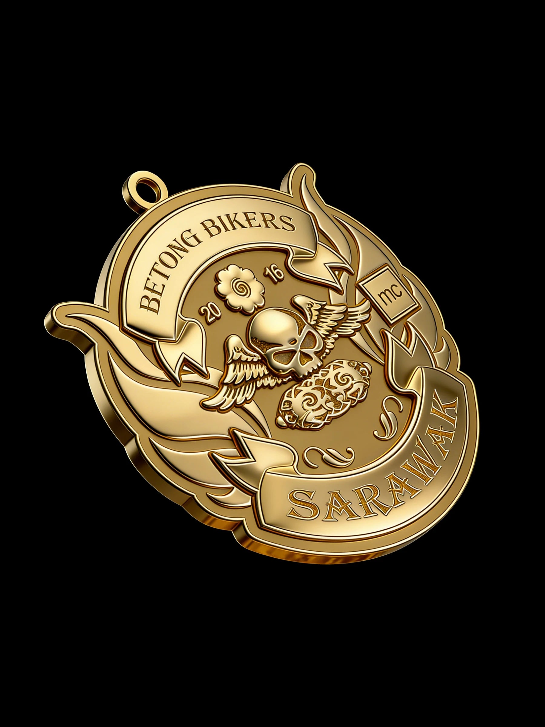 Custom winged skull motorcycle club pendant craftsmanship reference, side profile