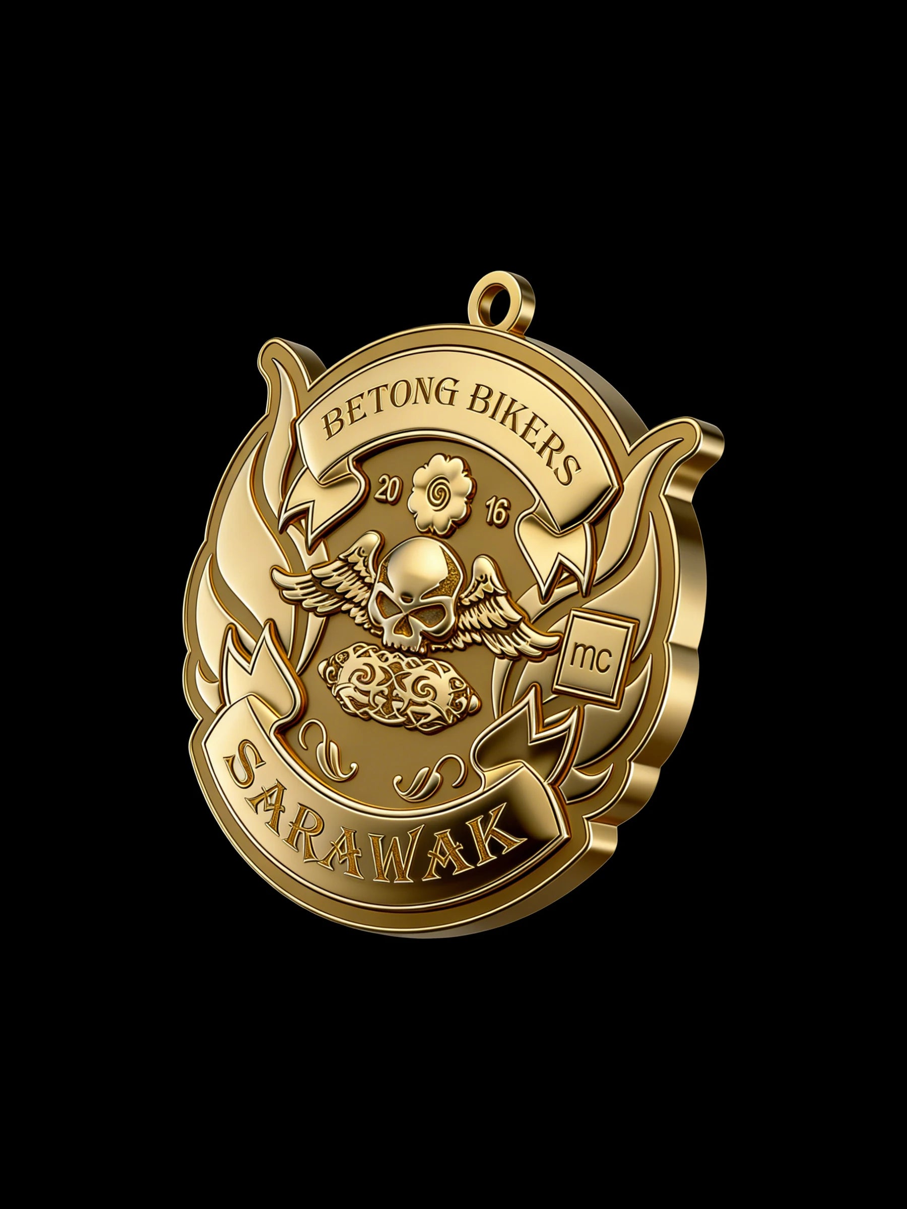 Custom winged skull motorcycle club pendant craftsmanship reference, three quarter view