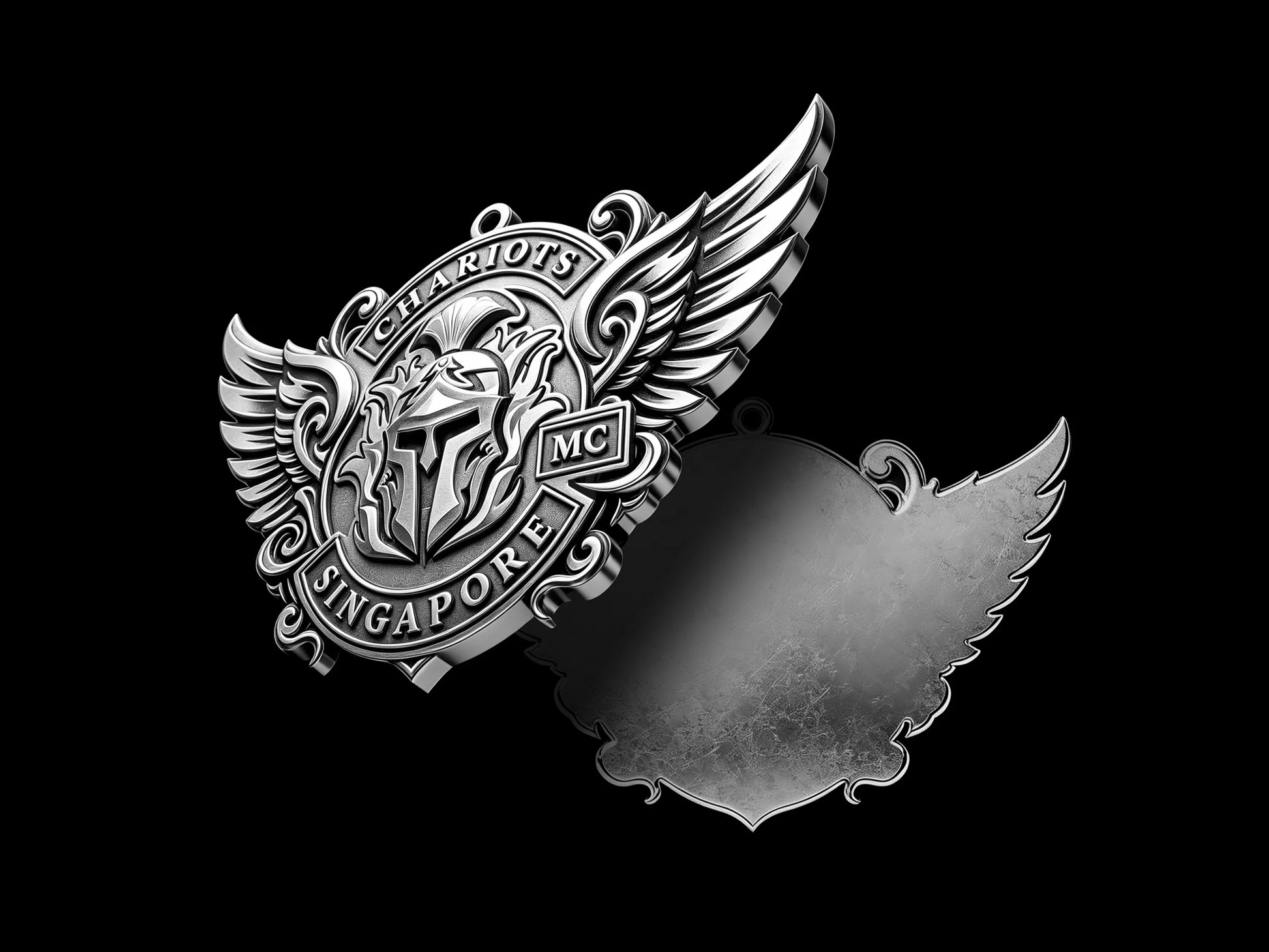 Custom winged spartan helmet motorcycle club pendant craftsmanship reference, back and front