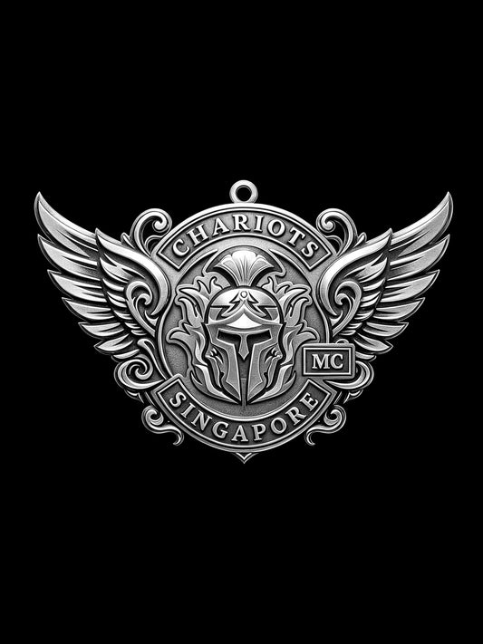 Custom winged spartan helmet motorcycle club pendant craftsmanship reference, front view