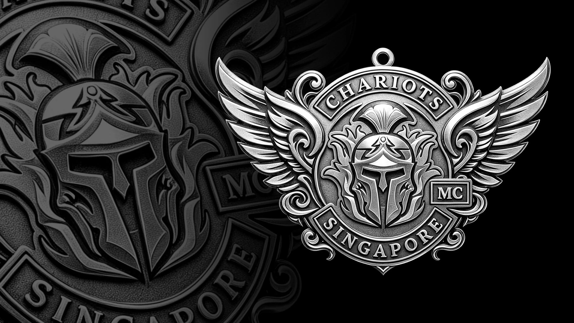 Custom winged spartan helmet motorcycle club pendant craftsmanship reference, gallery layout
