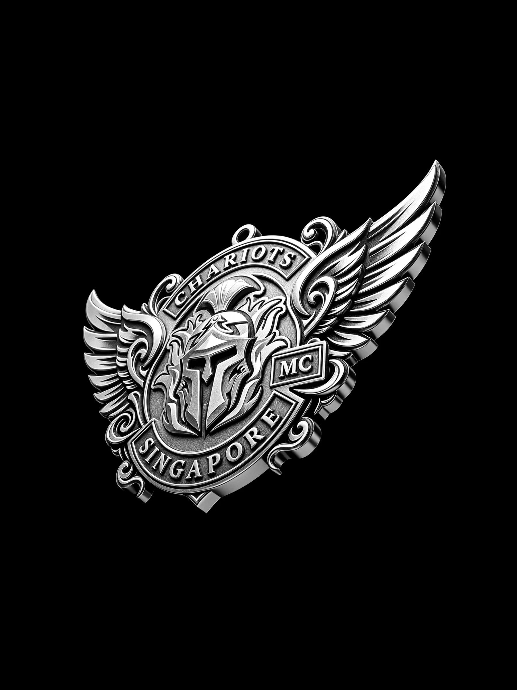 Custom winged spartan helmet motorcycle club pendant craftsmanship reference, left angle