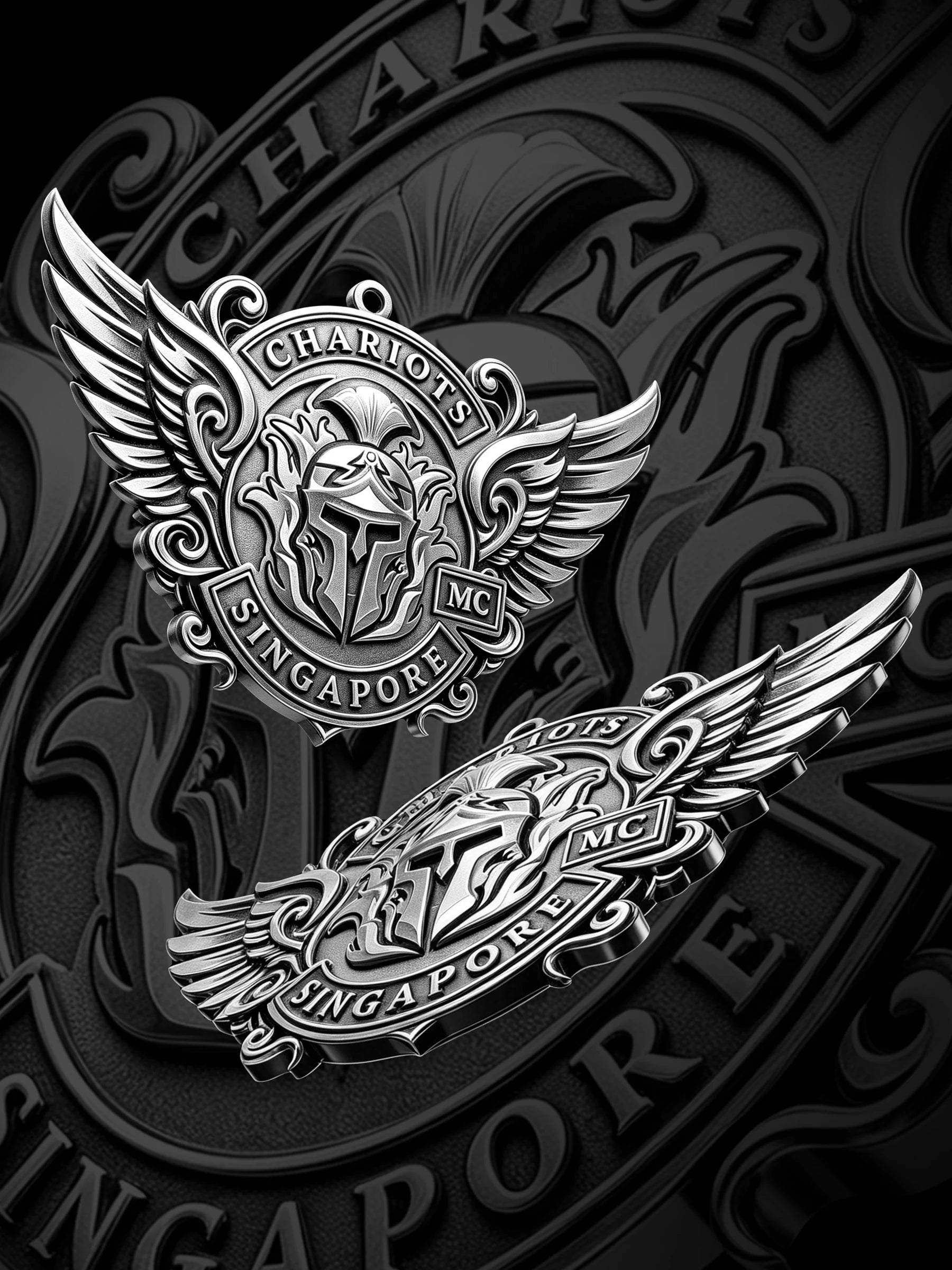 Custom winged spartan helmet motorcycle club pendant craftsmanship reference, paired display