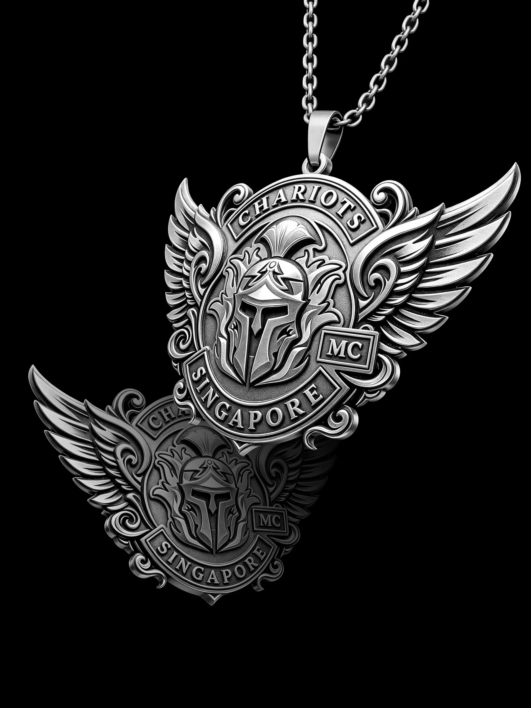 Custom winged spartan helmet motorcycle club pendant craftsmanship reference, raised relief detail