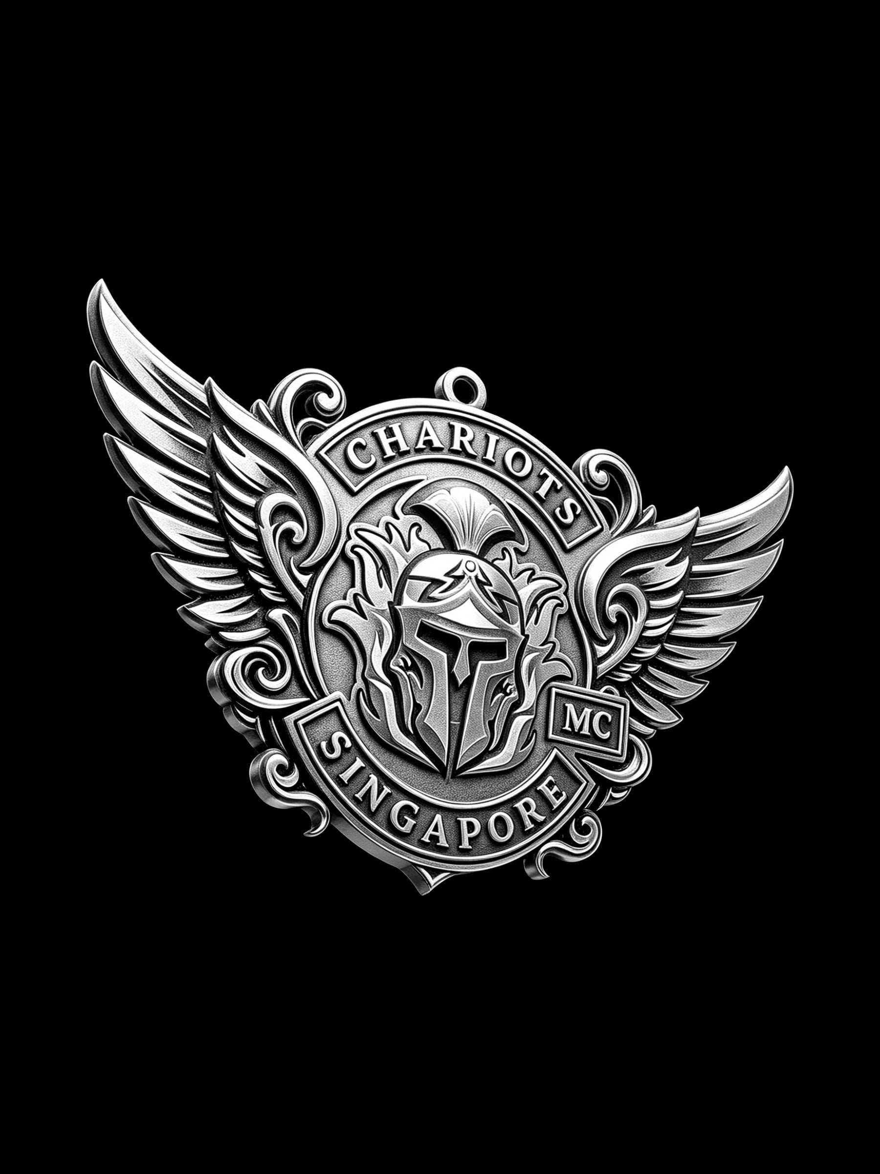 Custom winged spartan helmet motorcycle club pendant craftsmanship reference, right angle