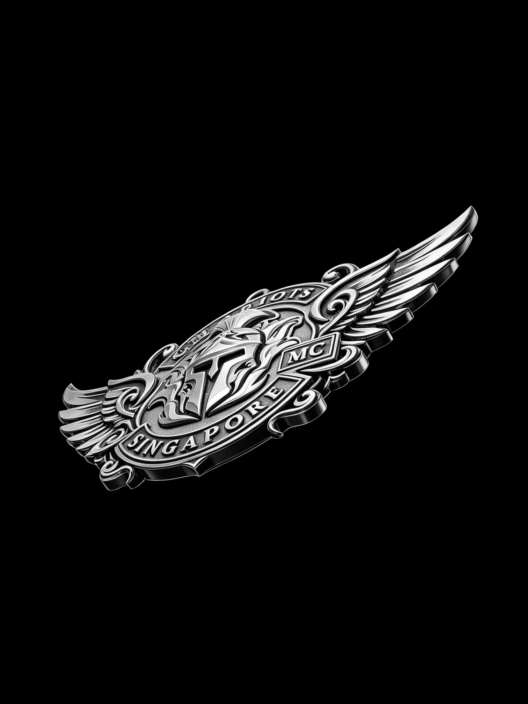 Custom winged spartan helmet motorcycle club pendant craftsmanship reference, side profile
