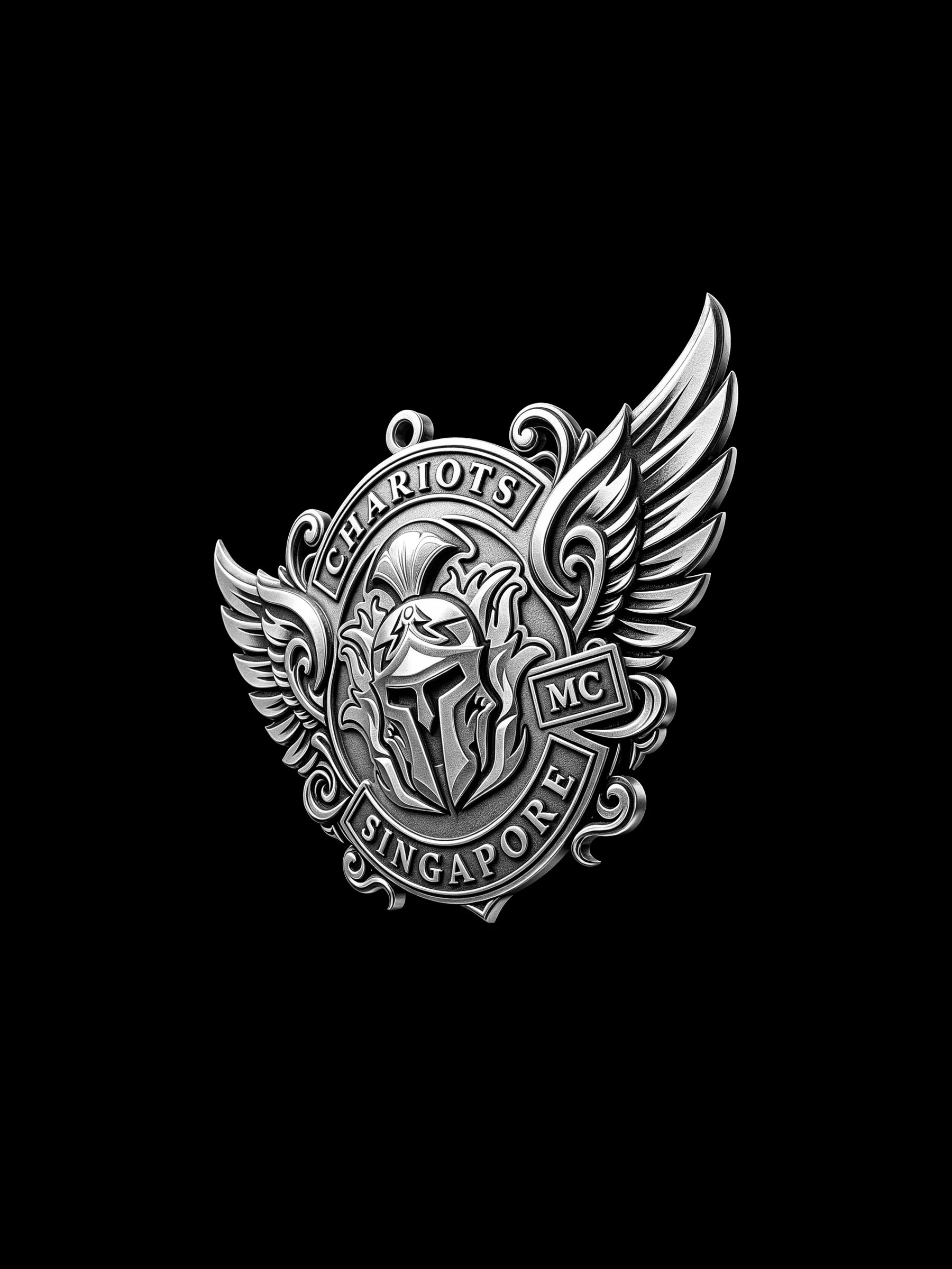 Custom winged spartan helmet motorcycle club pendant craftsmanship reference, three quarter view