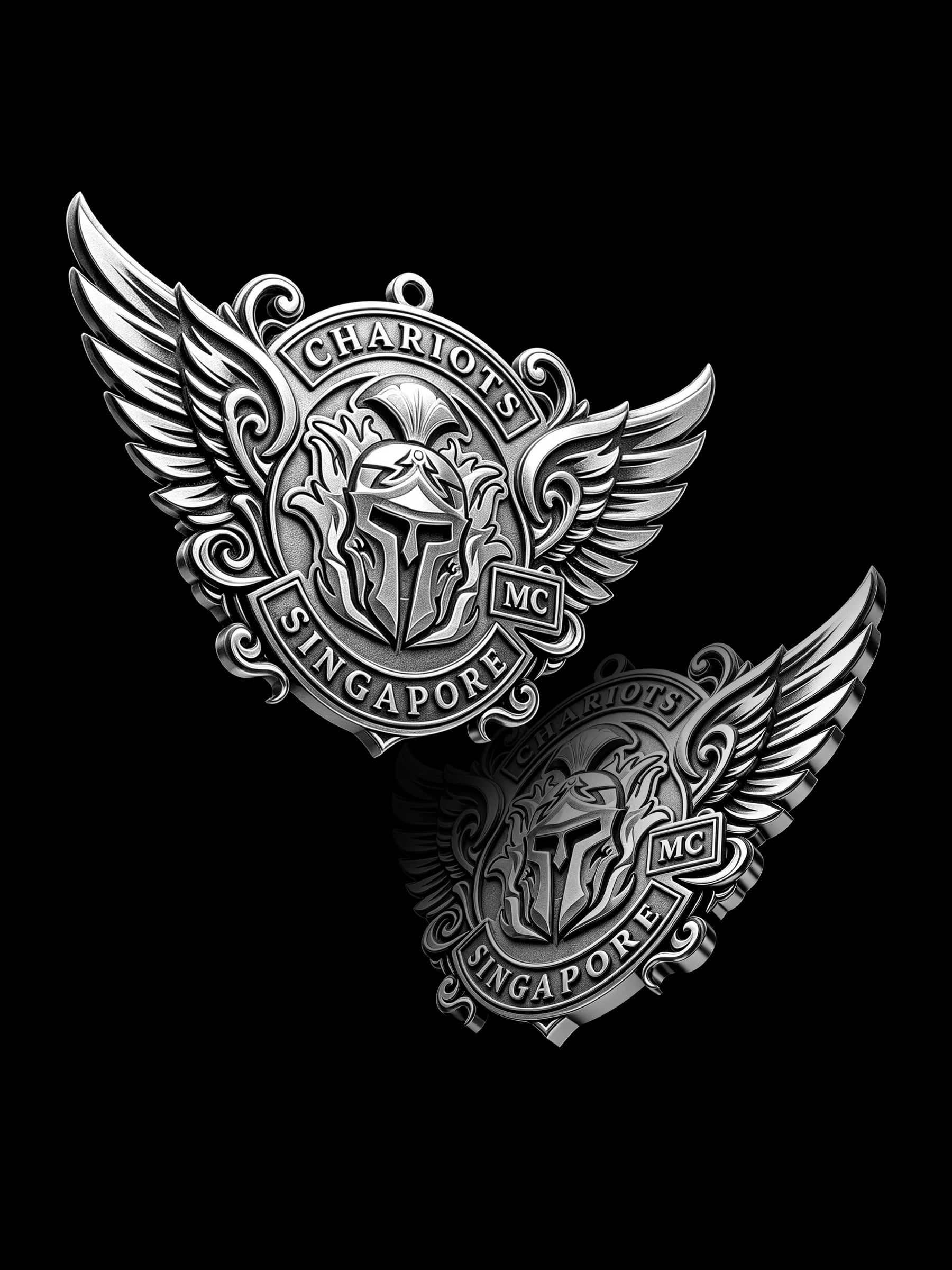 Custom winged spartan helmet motorcycle club pendant craftsmanship reference, with chain