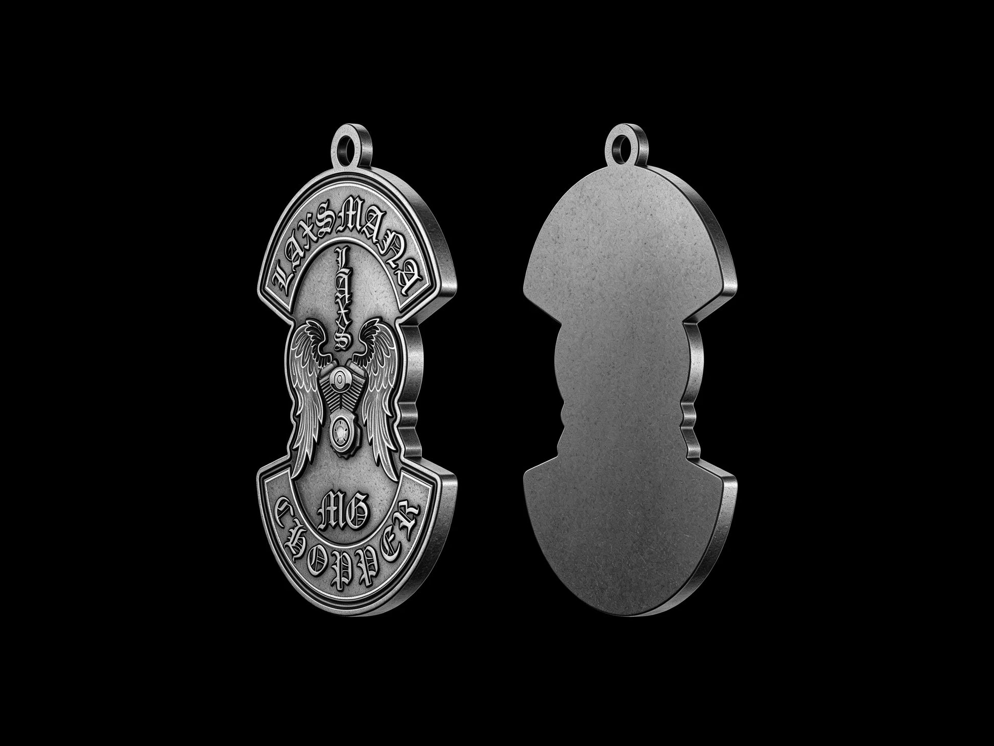 Custom winged sword motorcycle club pendant craftsmanship reference, back and front