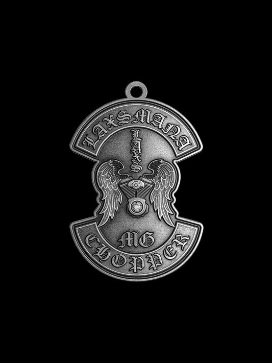 Custom winged sword motorcycle club pendant craftsmanship reference, front view