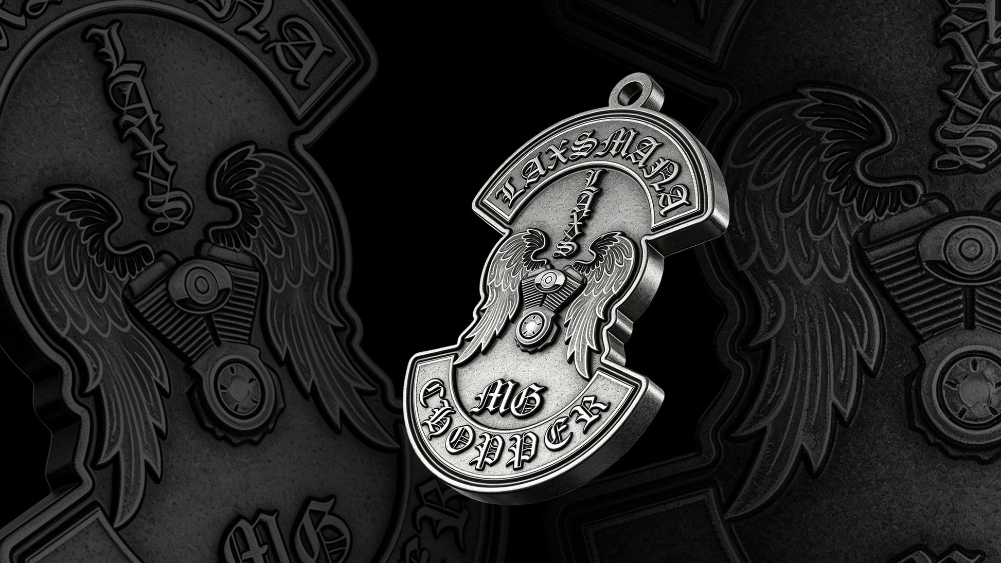 Custom winged sword motorcycle club pendant craftsmanship reference, gallery layout