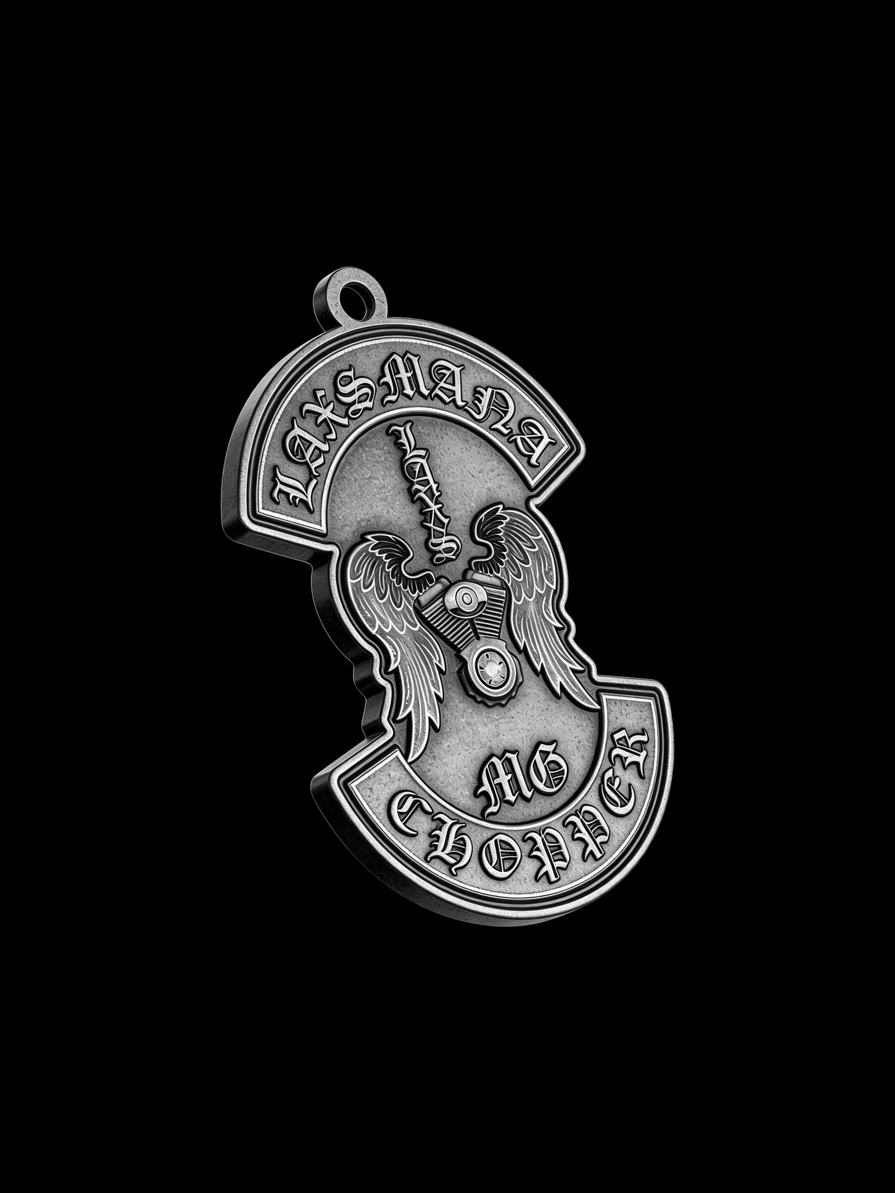 Custom winged sword motorcycle club pendant craftsmanship reference, left angle