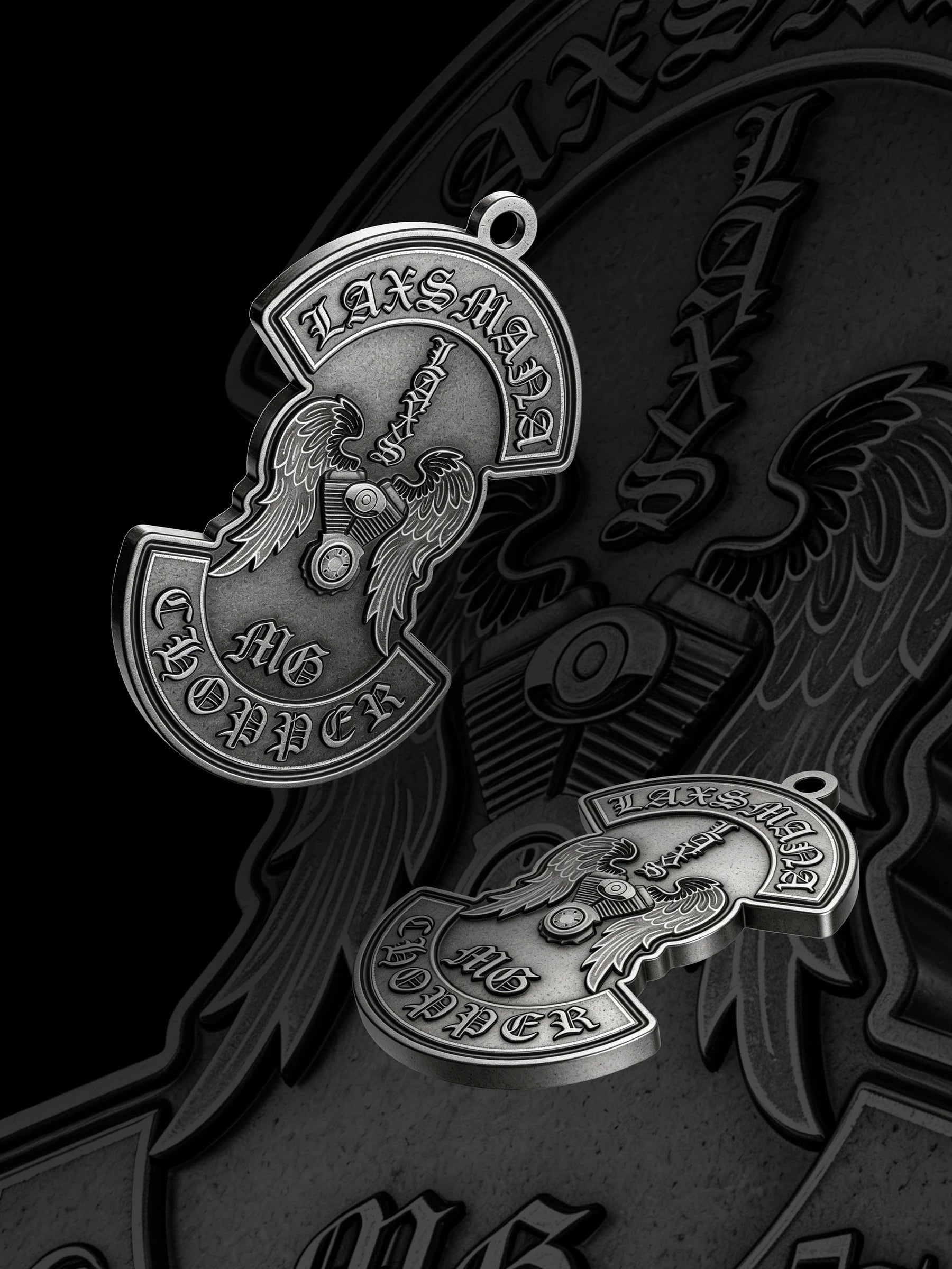 Custom winged sword motorcycle club pendant craftsmanship reference, paired display