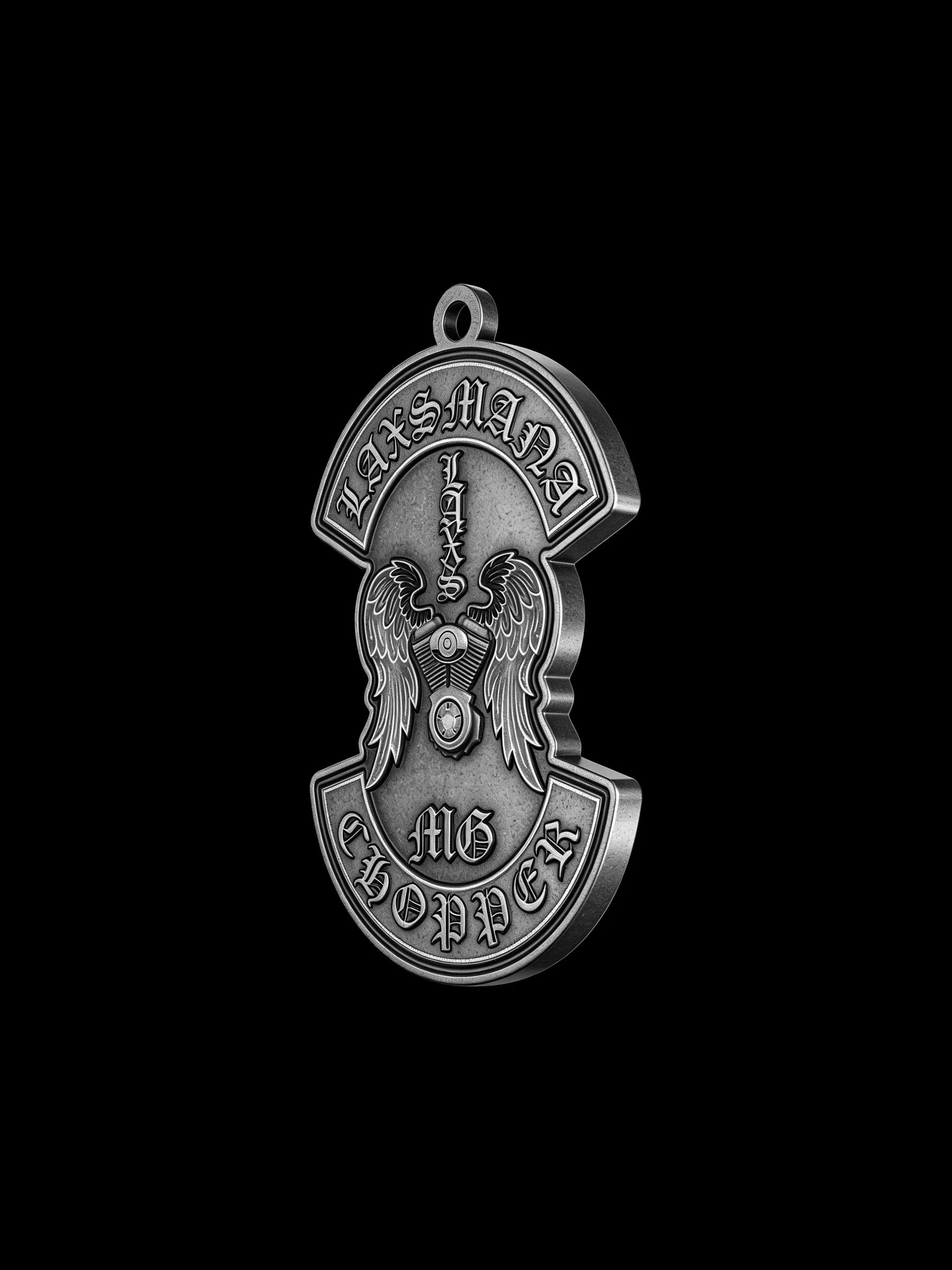 Custom winged sword motorcycle club pendant craftsmanship reference, right angle