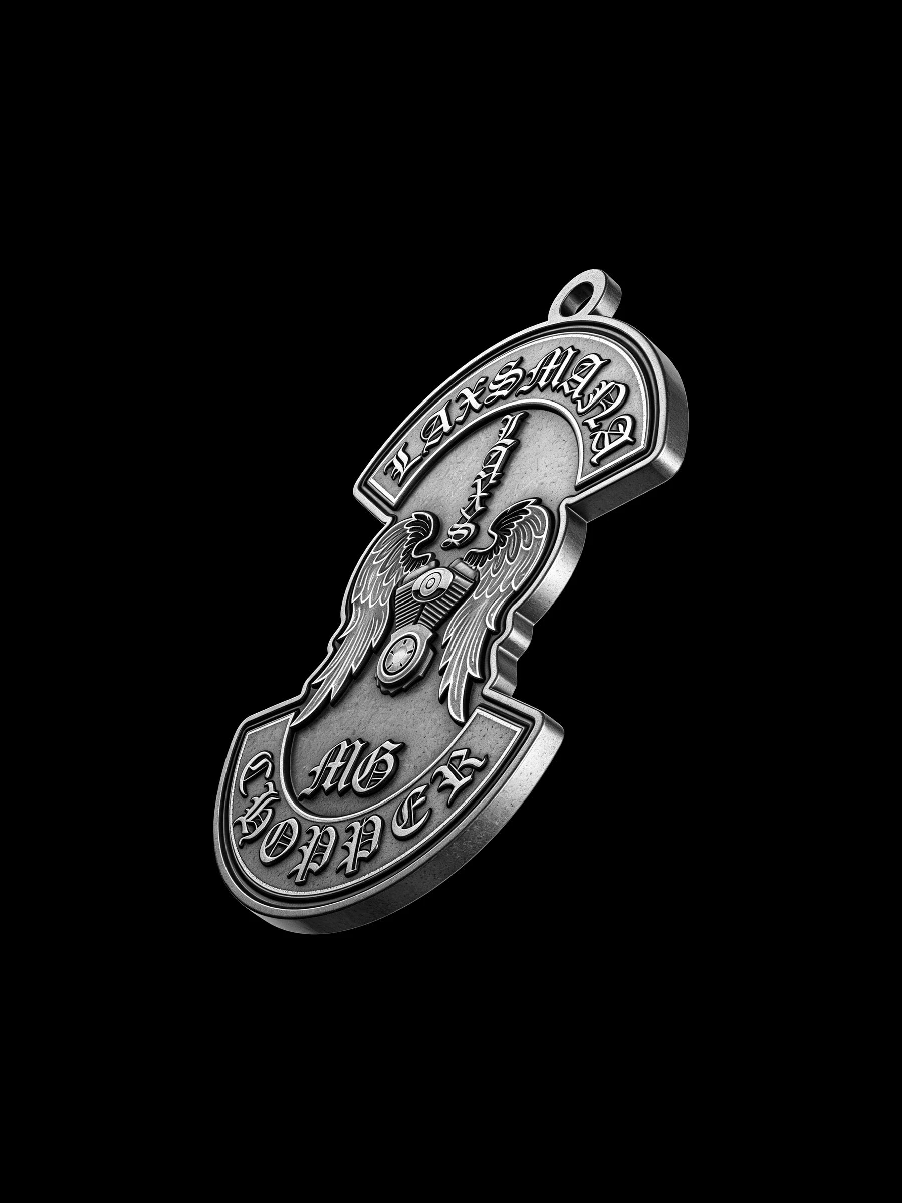 Custom winged sword motorcycle club pendant craftsmanship reference, side profile