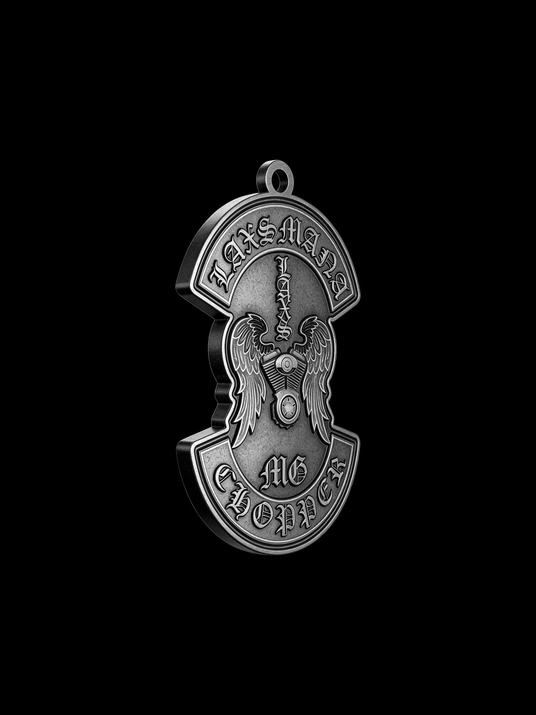 Custom winged sword motorcycle club pendant craftsmanship reference, three quarter view