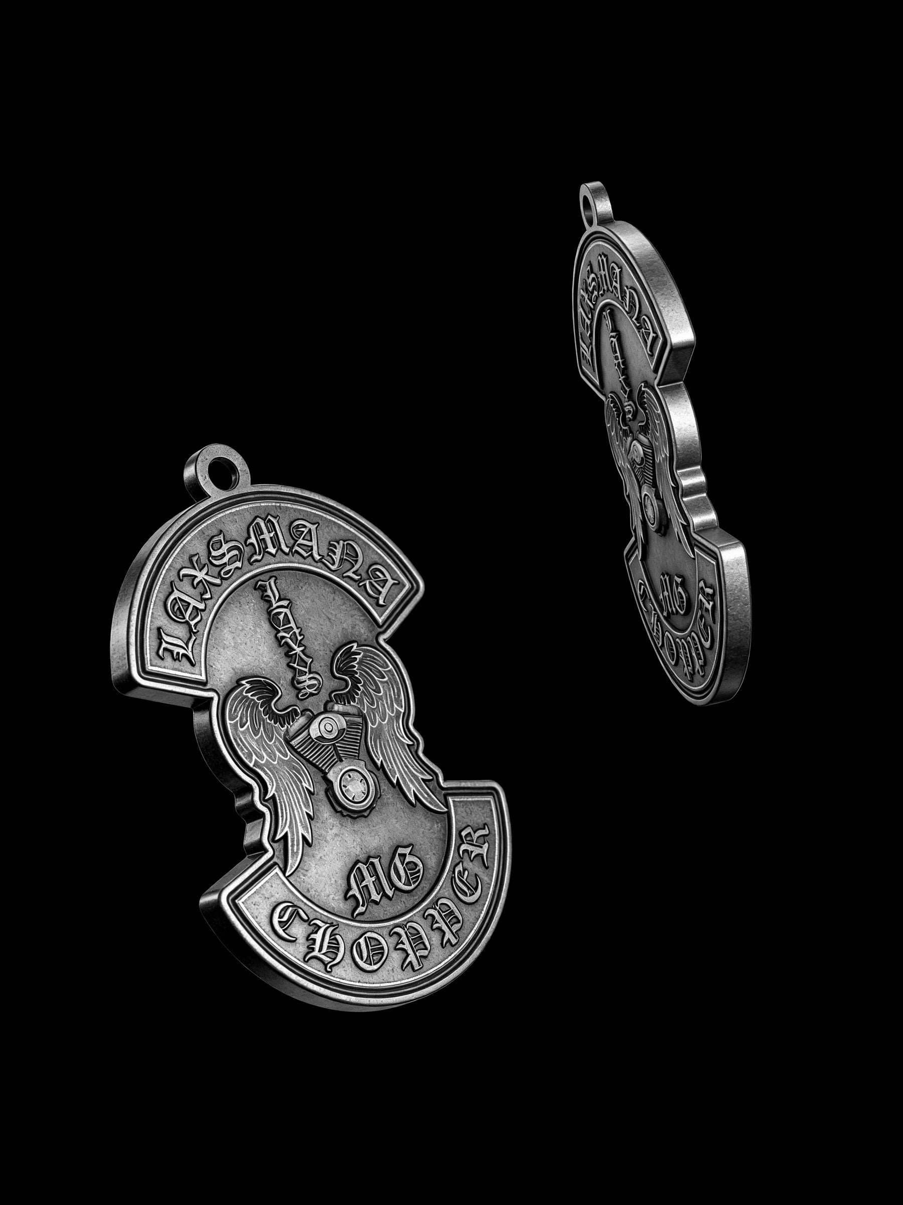 Custom winged sword motorcycle club pendant craftsmanship reference, with chain