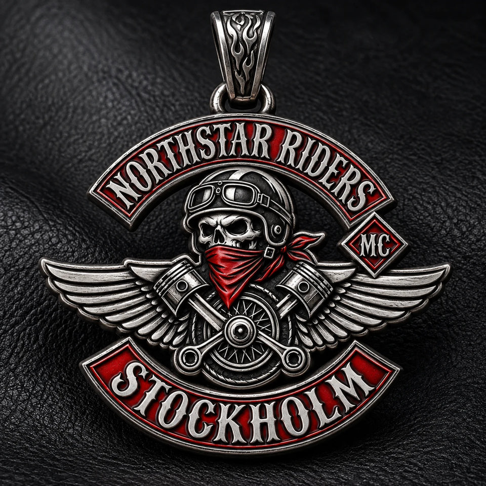Northstar Riders motorcycle club zinc alloy pendant with winged engine relief in a mobile hero composition.