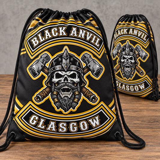 Full-color all-over motorcycle rally artwork covers a sublimated polyester drawstring bag.