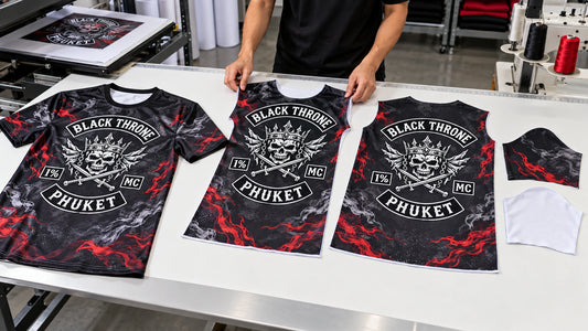 Cut-and-sew sublimation process for custom all-over print motorcycle club shirts.