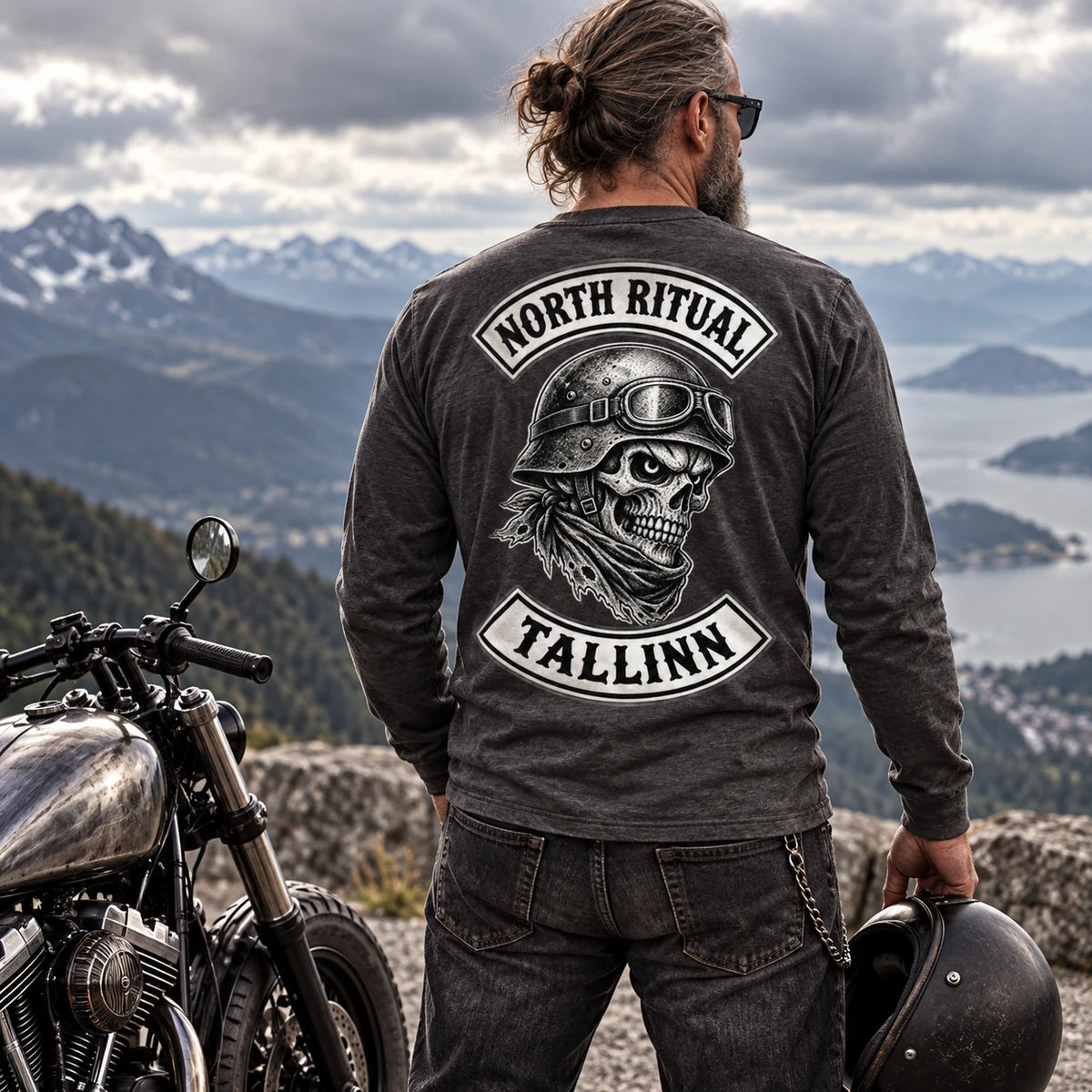 Dark grey motorcycle club long-sleeve shirt at a cloudy mountain overlook.