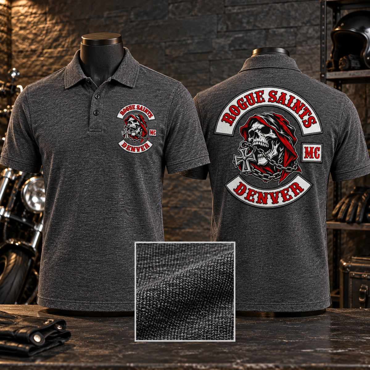 Dark heather grey Rogue Saints Denver motorcycle club polo samples show mottled fabric, chest embroidery and a large back logo.