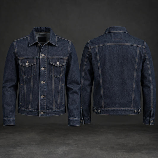 Dark-indigo motorcycle club denim jacket with a structured finish.