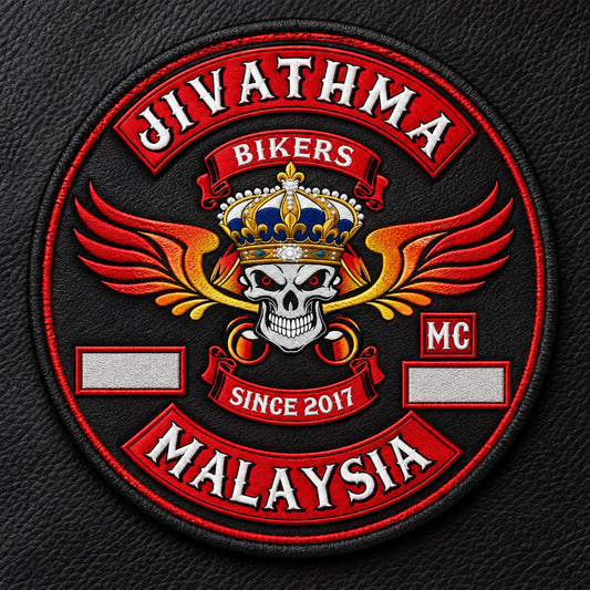 Motorcycle memorial patch design with clearly organized areas for remembrance dates.