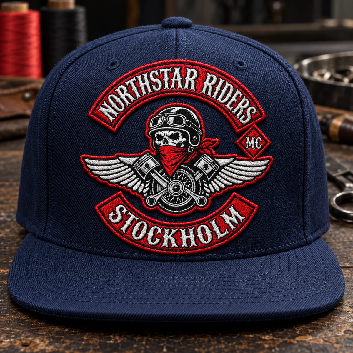 Una gorra de visera plana de un club de motociclistas de la marina presenta un parche bordado cosido con textura.