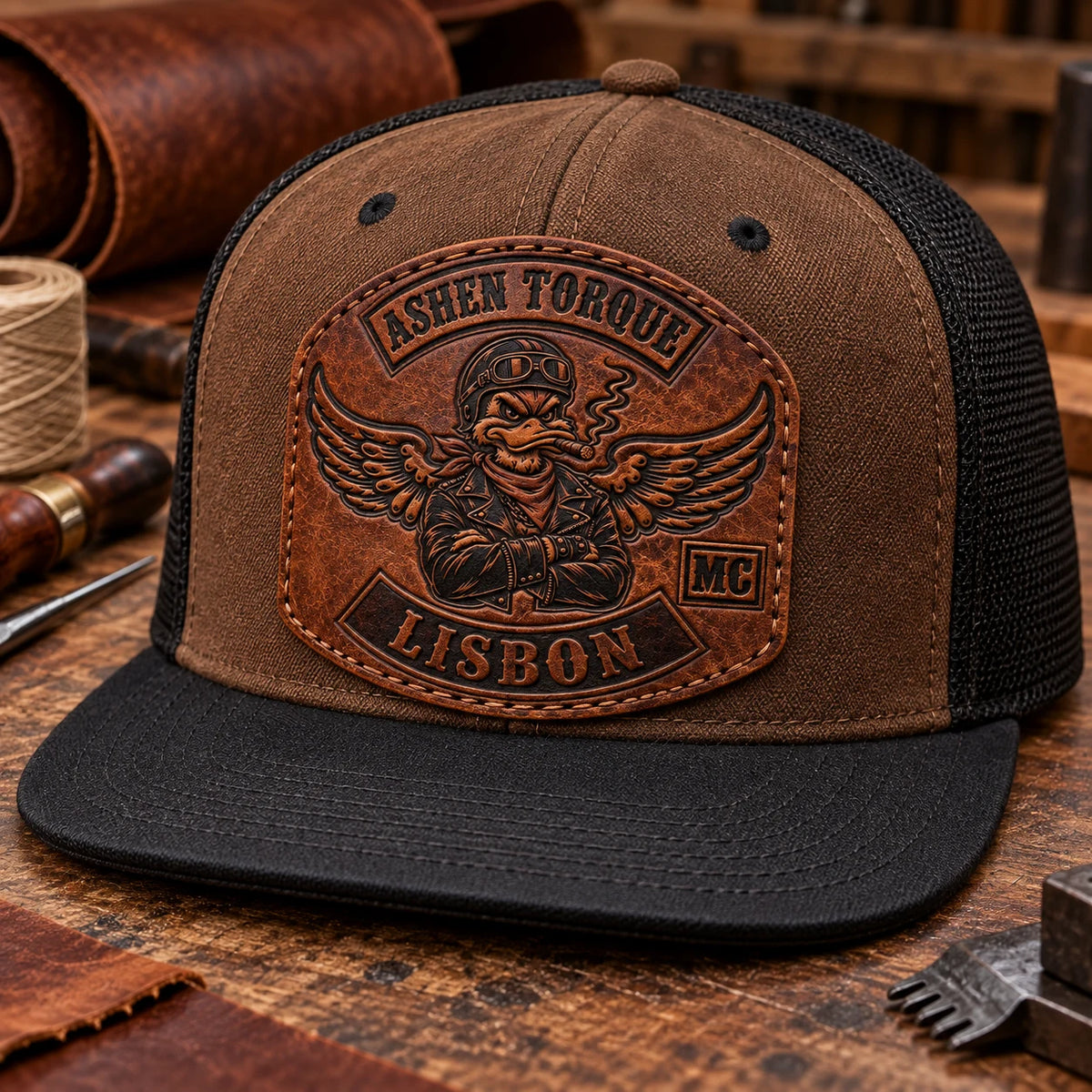 Una gorra de visera plana marrón y negra de club de motociclistas lleva un parche de cuero repujado con el logotipo.