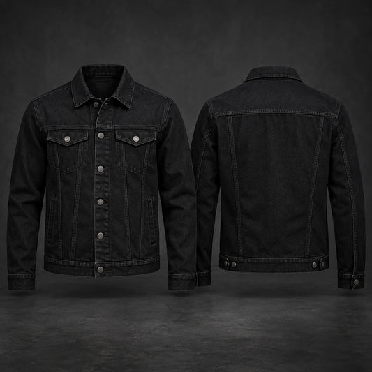 Deep-black motorcycle club denim jacket with a clean dark finish.