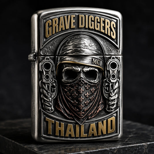 Deep-carved motorcycle club lighter built around an authorized emblem