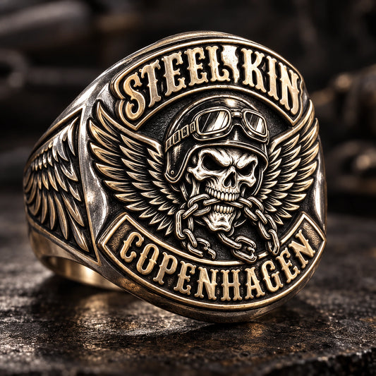 Deep 3D Relief designed from an authorized motorcycle club emblem in Brass + 925 Sterling Silver natural metal tones.