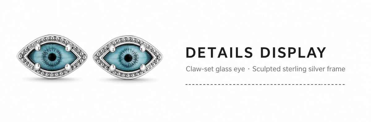 Demon eye stud earrings claw-set sterling silver details