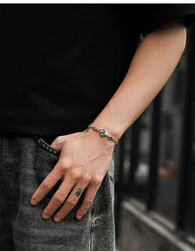 Diamond Playing Card Sterling Silver Biker Bracelet – wrist and design view 1