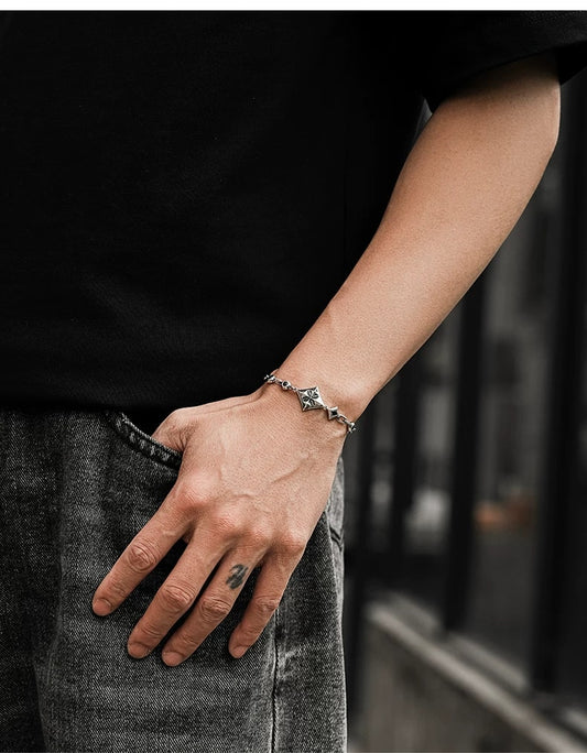 Diamond Playing Card Sterling Silver Biker Bracelet – wrist and design view 1