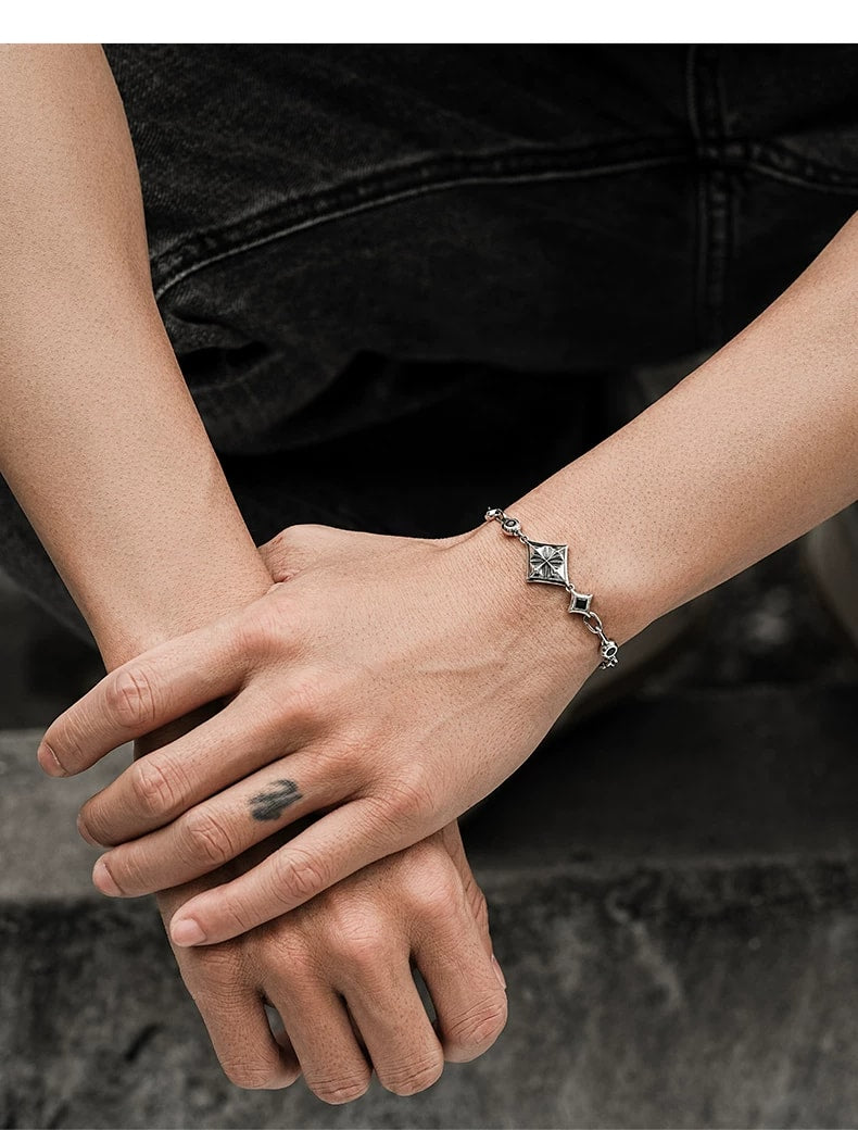 Diamond Playing Card Sterling Silver Biker Bracelet – wrist and design view 2