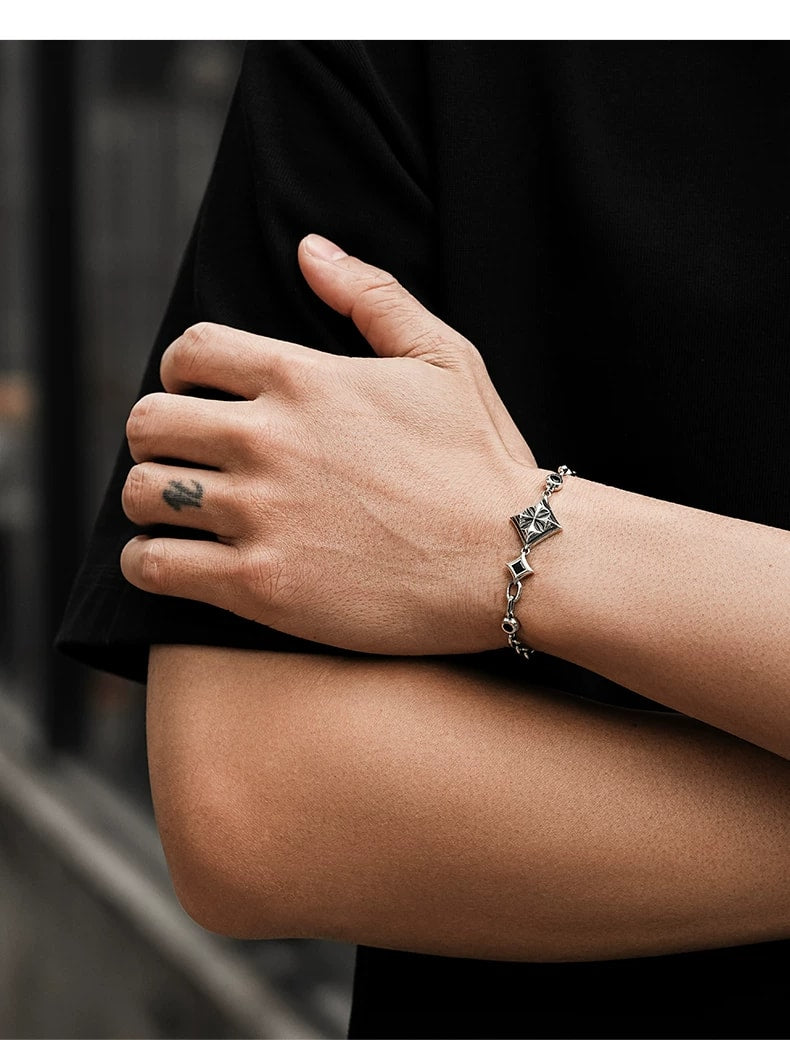 Diamond Playing Card Sterling Silver Biker Bracelet – wrist and design view 3