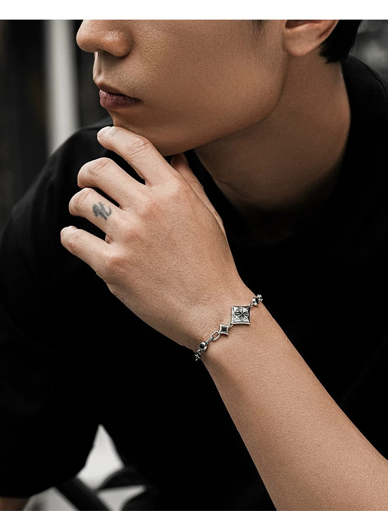 Diamond Playing Card Sterling Silver Biker Bracelet – wrist and design view 4