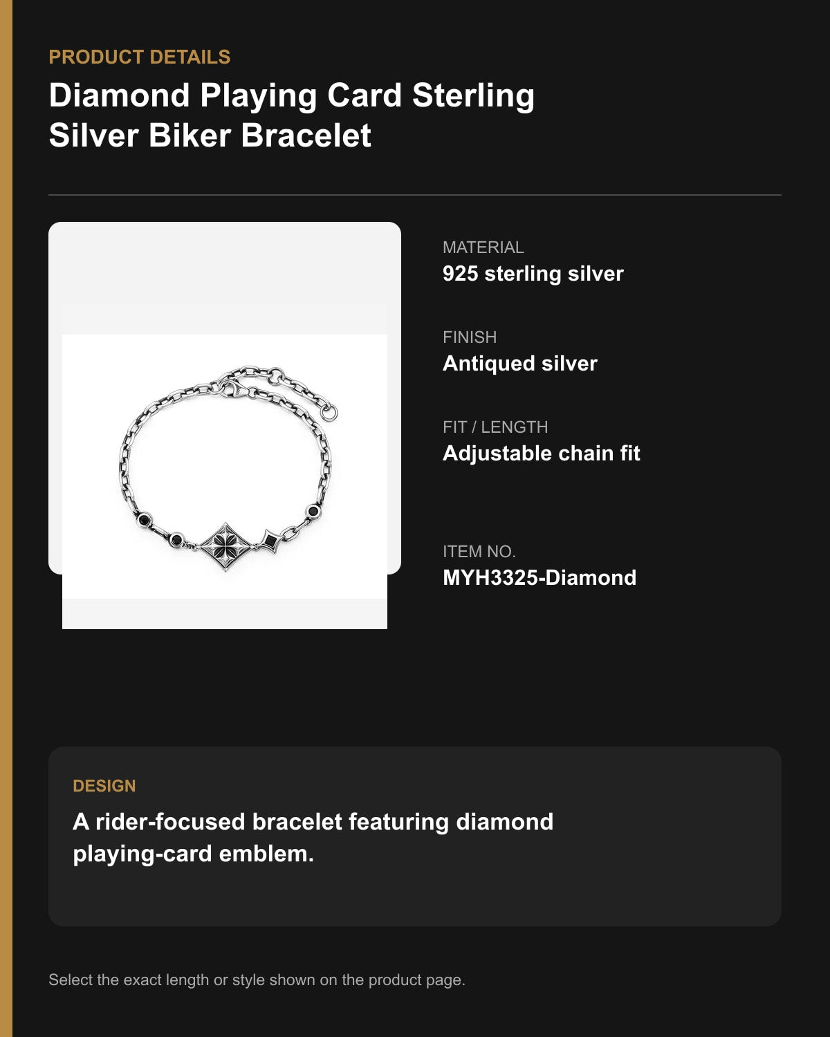 Diamond Playing Card Sterling Silver Biker Bracelet – English product details
