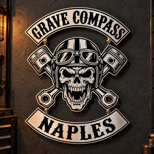 Die-cut motorcycle club metal wall sign following the outer shape of the club artwork.