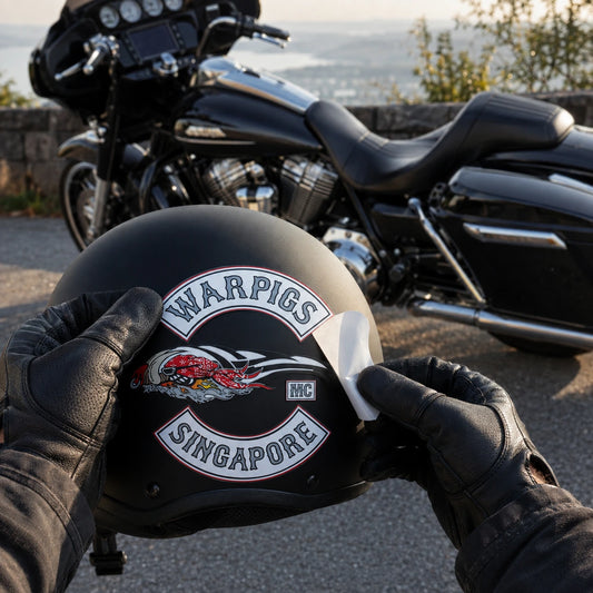 Gloved rider applying a contour-cut motorcycle club logo sticker to a matte black helmet beside a V-twin motorcycle.