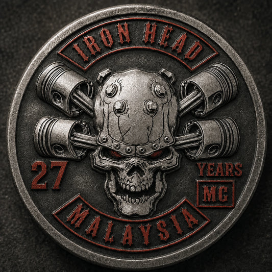 Iron Head motorcycle club 27-year anniversary badge in raised and recessed die-struck metal.
