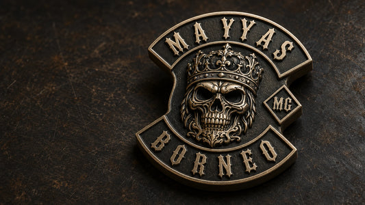 Close-up of custom 3D motorcycle club pin showing sculpted metal relief and recessed enamel colors