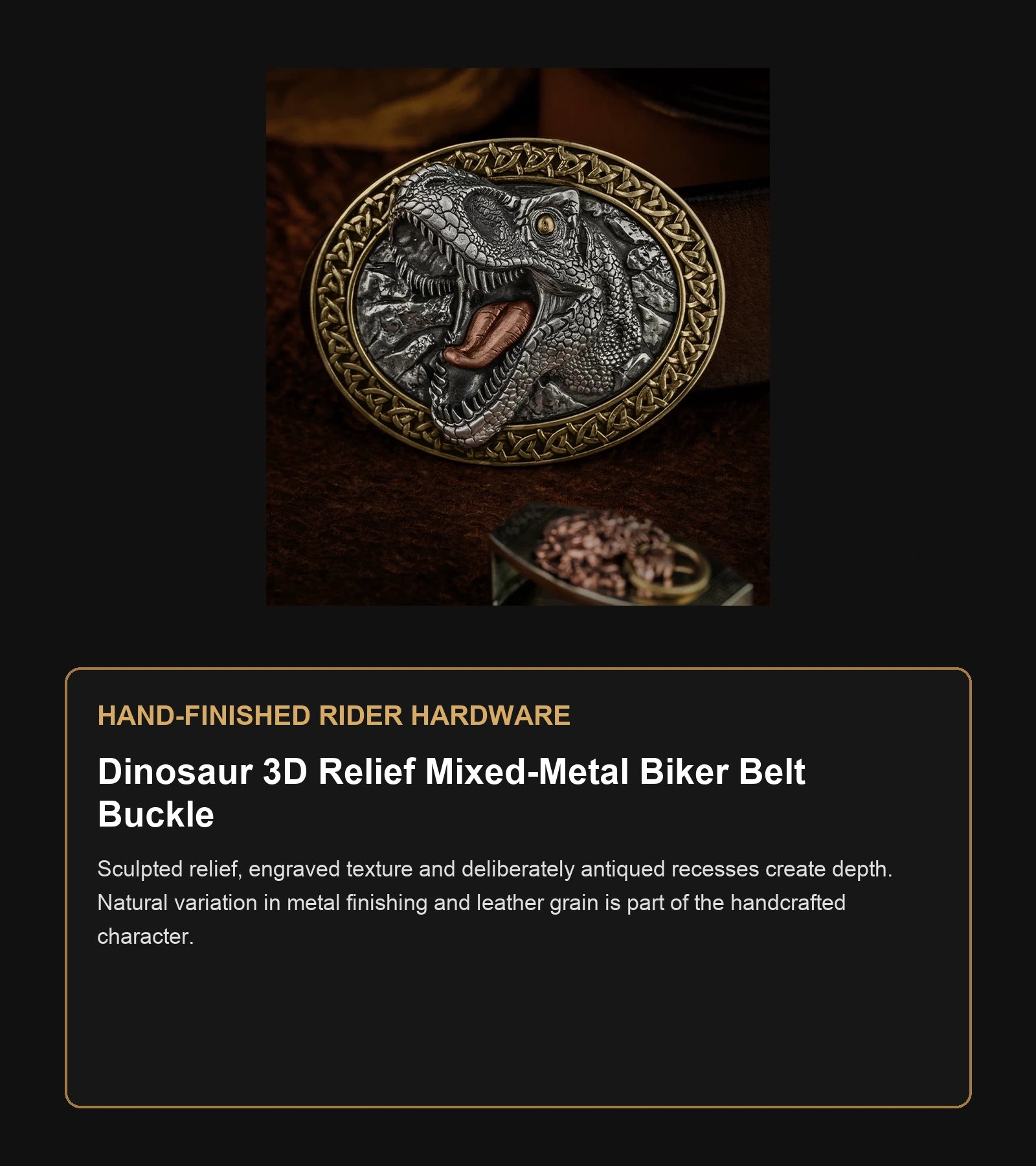 Dinosaur 3D Relief Mixed-Metal Biker Belt Buckle craftsmanship guide in English