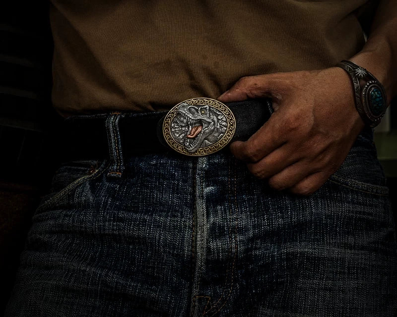 Dinosaur 3D Relief Mixed-Metal Biker Belt Buckle detail view 2