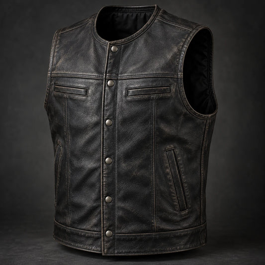 Distressed motorcycle club leather vest showing controlled edge wear and natural creasing.
